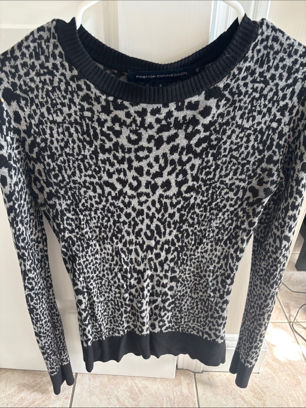 French Connection Black & Cream Leopard-Print Crewneck Sweater